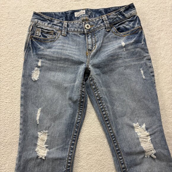 Aeropostale Jeans Womens 9/10 Short Blue Hailey Skinny Flare Stretch Distressed - Picture 2 of 12